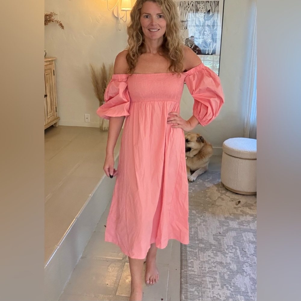 Sotela Collection Pink Smocked Midi Dress Puff Sleeve Cotton Elastane Size S